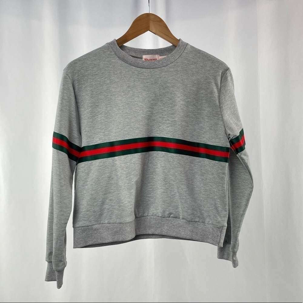 Showpo. Crew Neck Cropped Stripe Pullover in Grey‎ Size 4